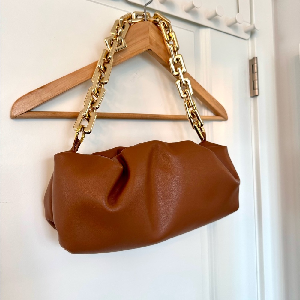 Elegant Brown Leather Bag with Gold Chain
